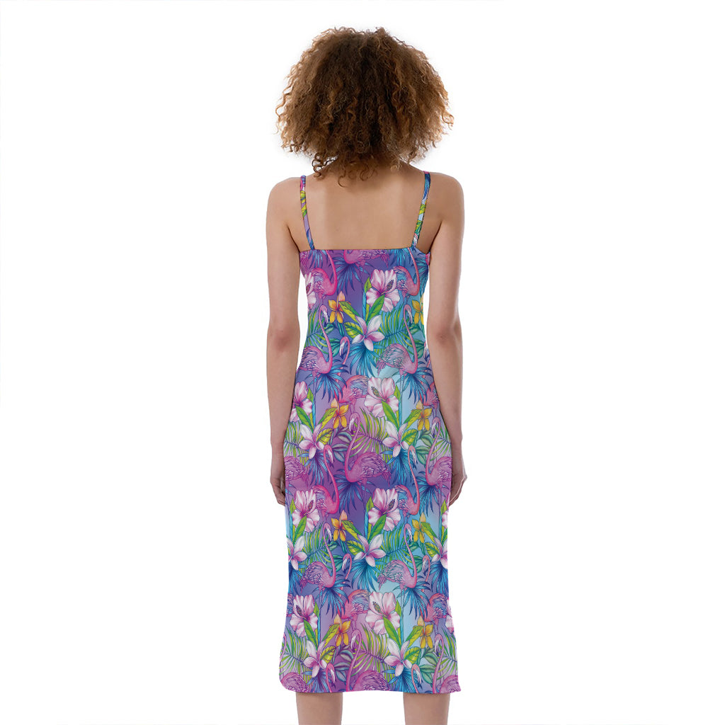 Tropical Flamingo And Hibiscus Print Slim Fit Midi Cami Dress