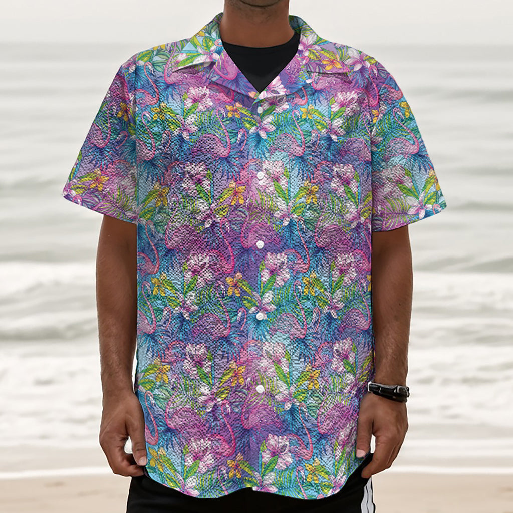 Tropical Flamingo And Hibiscus Print Textured Short Sleeve Shirt