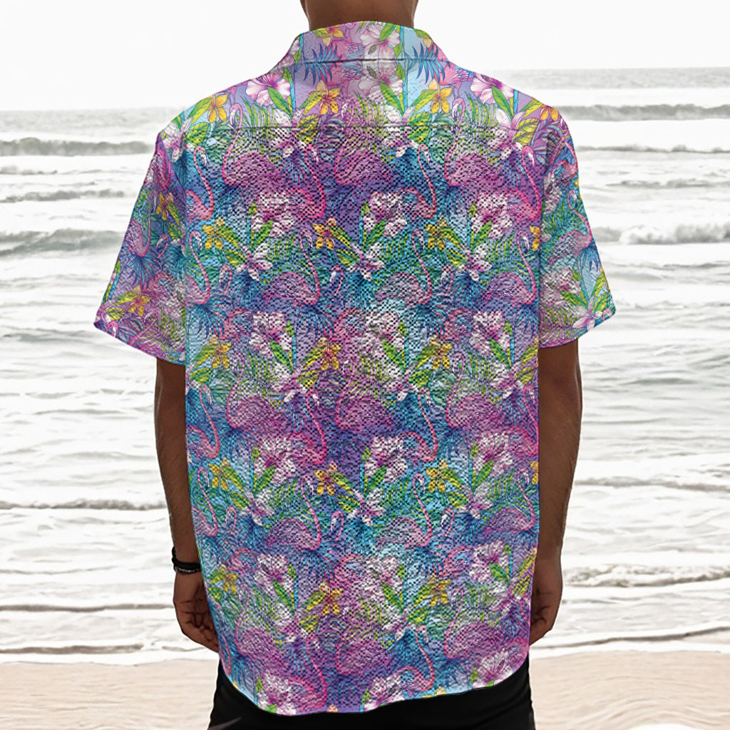 Tropical Flamingo And Hibiscus Print Textured Short Sleeve Shirt