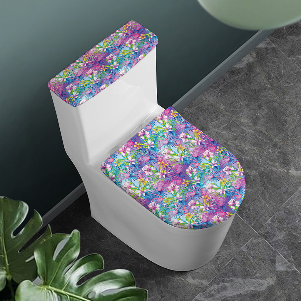Tropical Flamingo And Hibiscus Print Toilet Lid And Tank Cover Set
