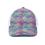 Tropical Flamingo And Hibiscus Print White Mesh Trucker Cap
