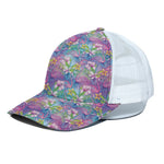 Tropical Flamingo And Hibiscus Print White Mesh Trucker Cap