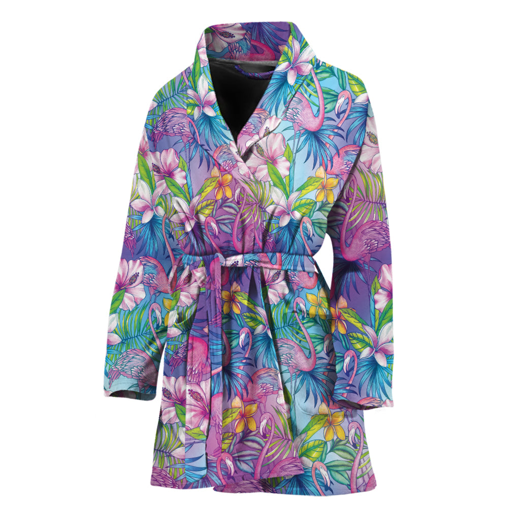 Tropical Flamingo And Hibiscus Print Women's Bathrobe