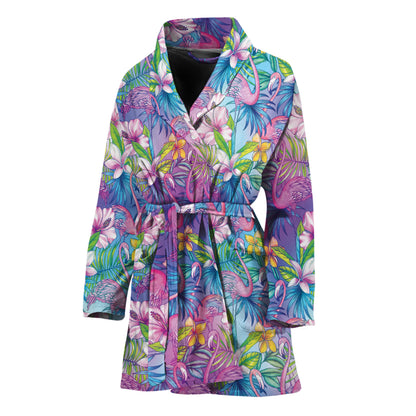 Tropical Flamingo And Hibiscus Print Women's Bathrobe
