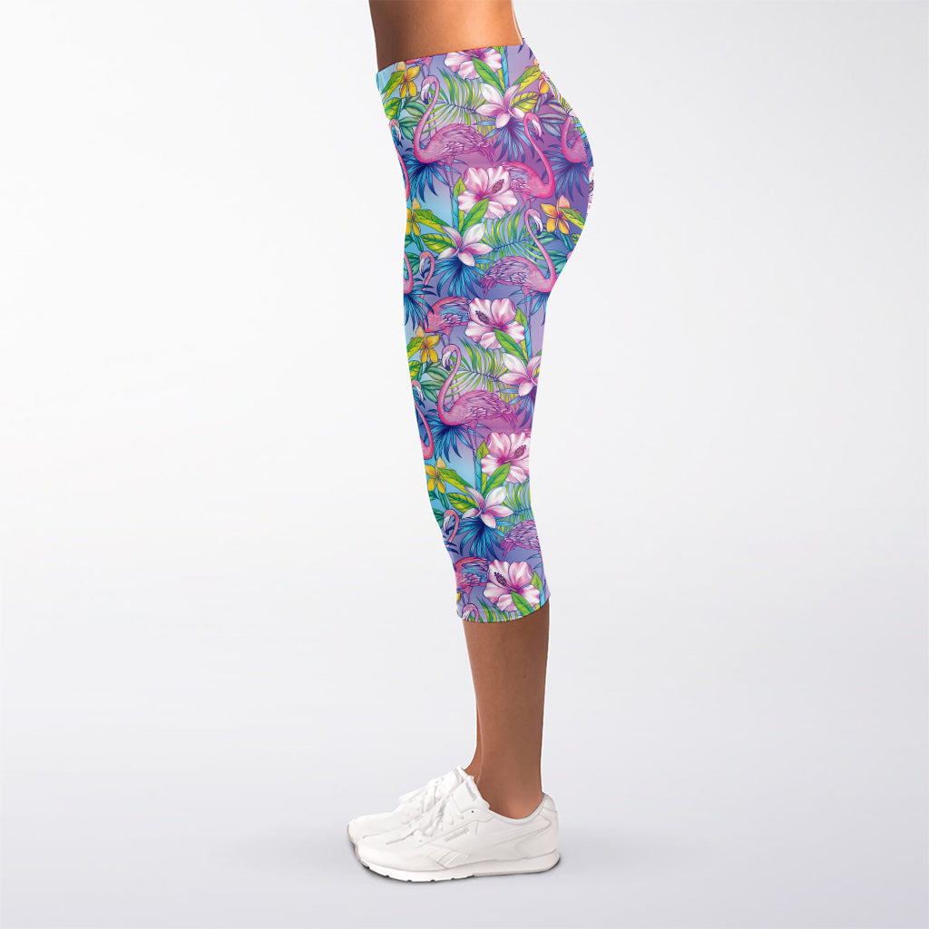 Tropical Flamingo And Hibiscus Print Women's Capri Leggings