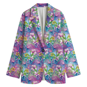 Tropical Flamingo And Hibiscus Print Women's Cotton Blazer