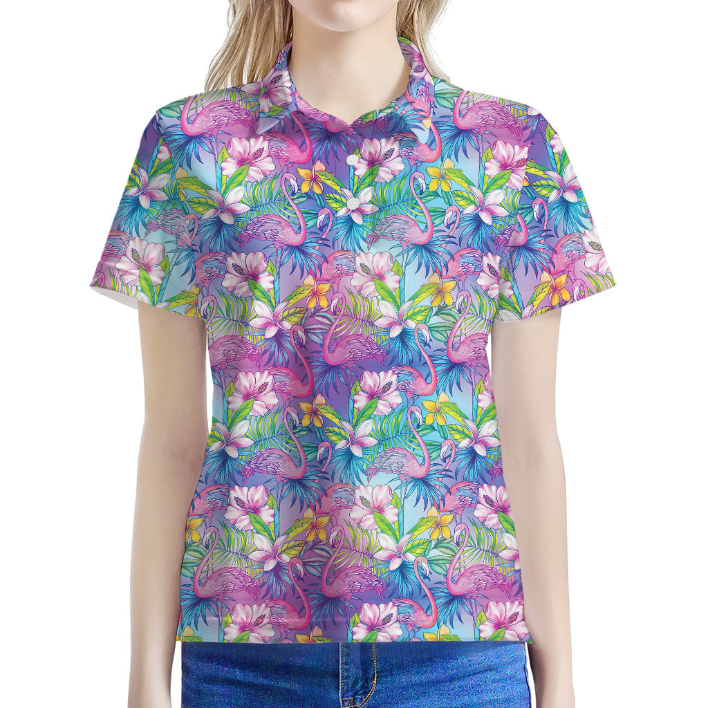 Tropical Flamingo And Hibiscus Print Women's Polo Shirt