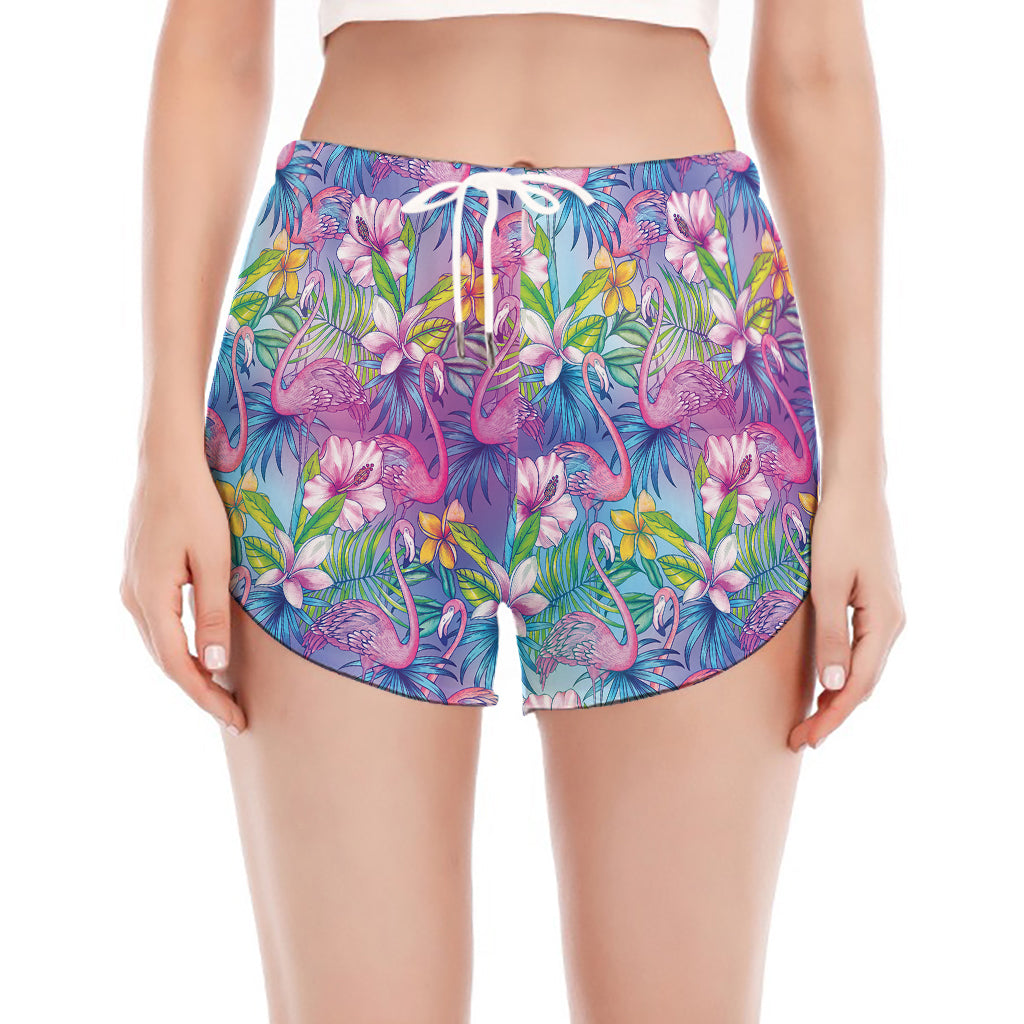 Tropical Flamingo And Hibiscus Print Women's Split Running Shorts