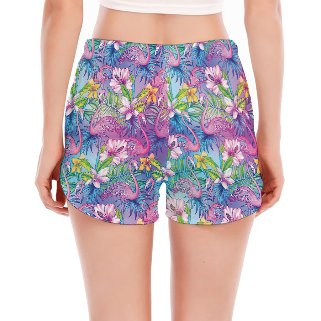 Tropical Flamingo And Hibiscus Print Women's Split Running Shorts