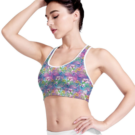 Tropical Flamingo And Hibiscus Print Women's Sports Bra