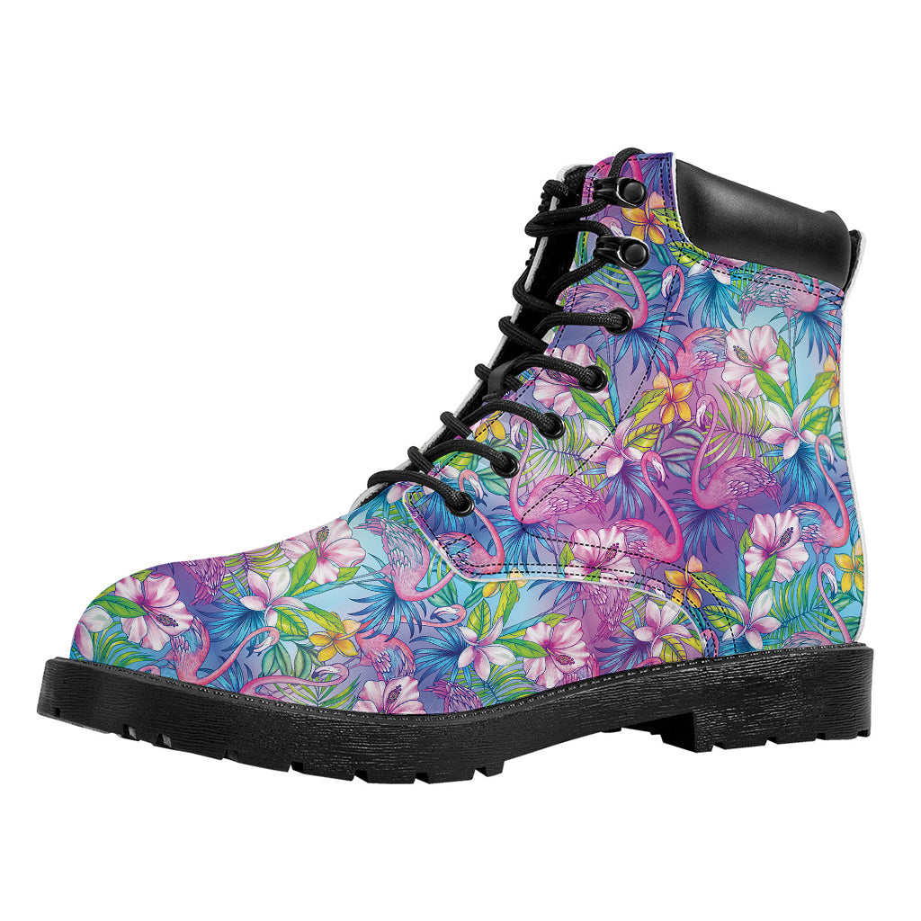 Tropical Flamingo And Hibiscus Print Work Boots