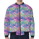 Tropical Flamingo And Hibiscus Print Zip Sleeve Bomber Jacket