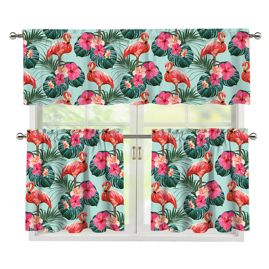 Tropical Floral Flamingo Pattern Print 3 Piece Kitchen Curtains