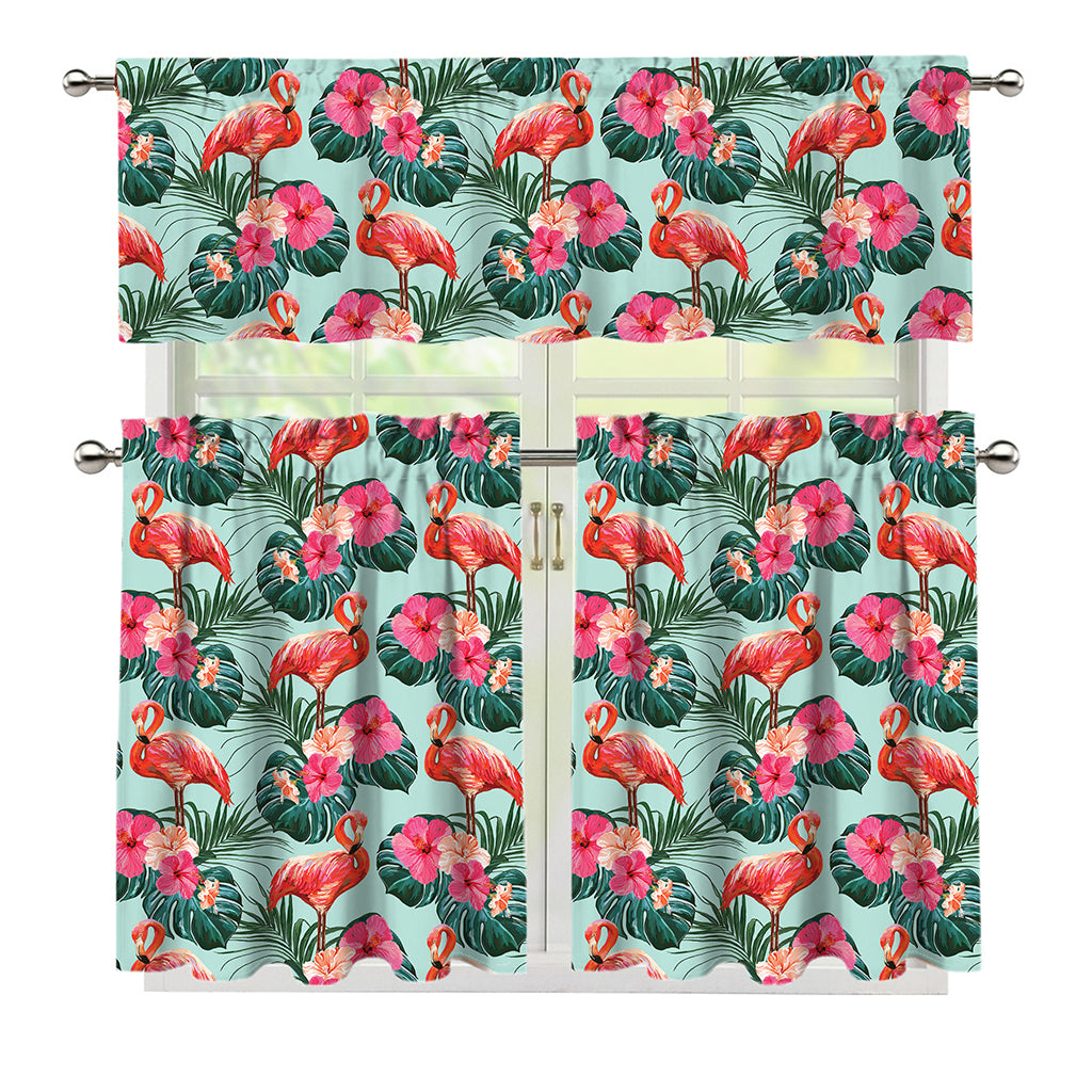 Tropical Floral Flamingo Pattern Print 3 Piece Kitchen Curtains
