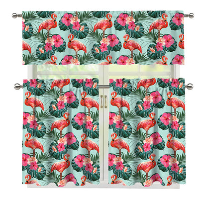Tropical Floral Flamingo Pattern Print 3 Piece Kitchen Curtains