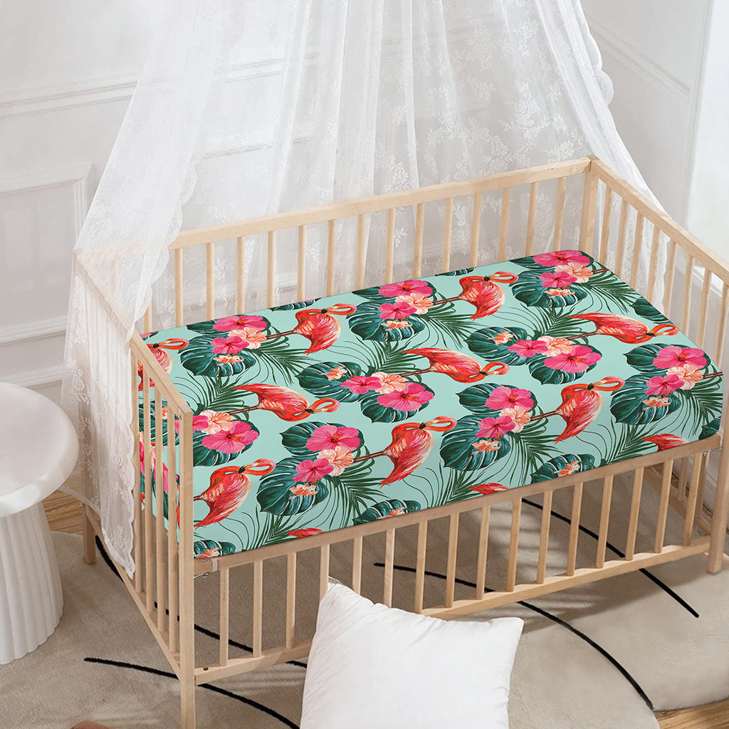 Tropical Floral Flamingo Pattern Print Baby Crib Sheet