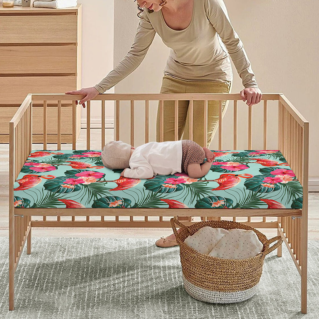 Tropical Floral Flamingo Pattern Print Baby Crib Sheet