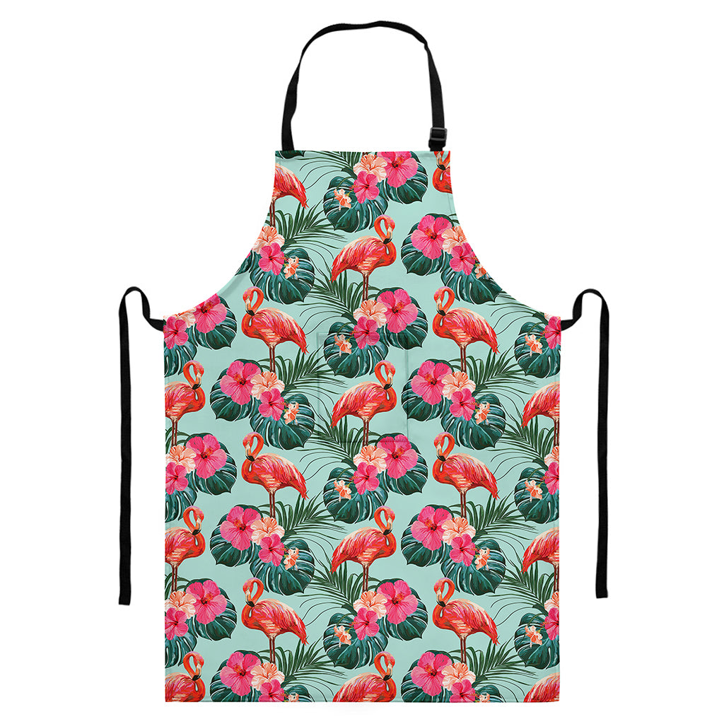 Tropical Floral Flamingo Pattern Print Bib Apron With Pocket