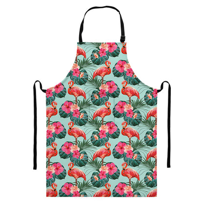 Tropical Floral Flamingo Pattern Print Bib Apron With Pocket