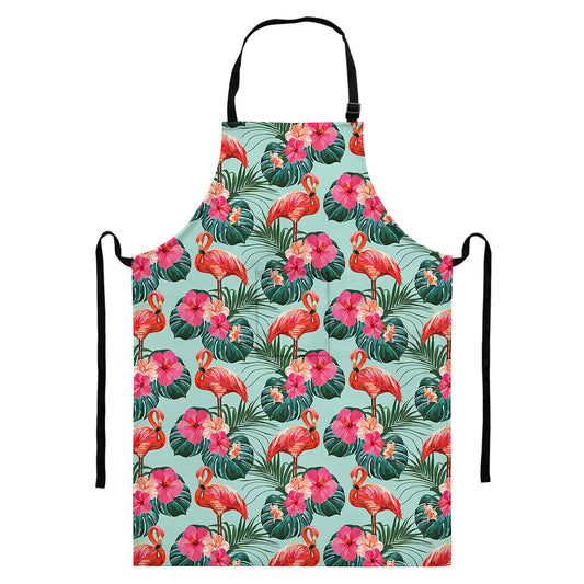 Tropical Floral Flamingo Pattern Print Bib Apron With Pocket