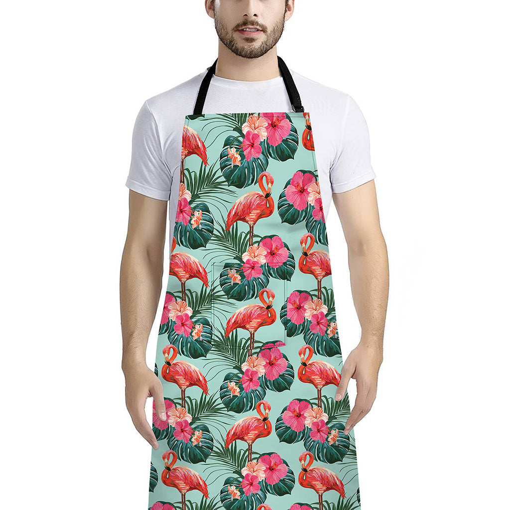 Tropical Floral Flamingo Pattern Print Bib Apron With Pocket