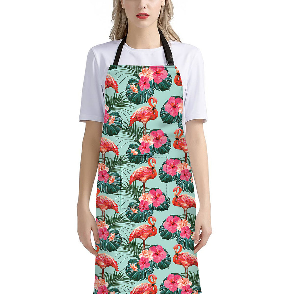 Tropical Floral Flamingo Pattern Print Bib Apron With Pocket