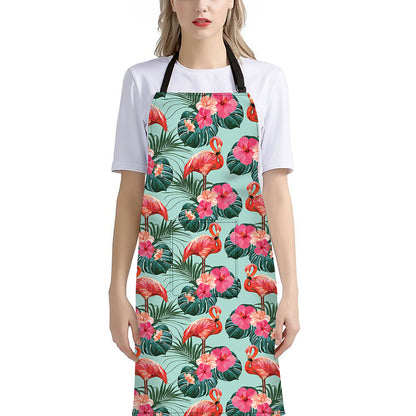 Tropical Floral Flamingo Pattern Print Bib Apron With Pocket