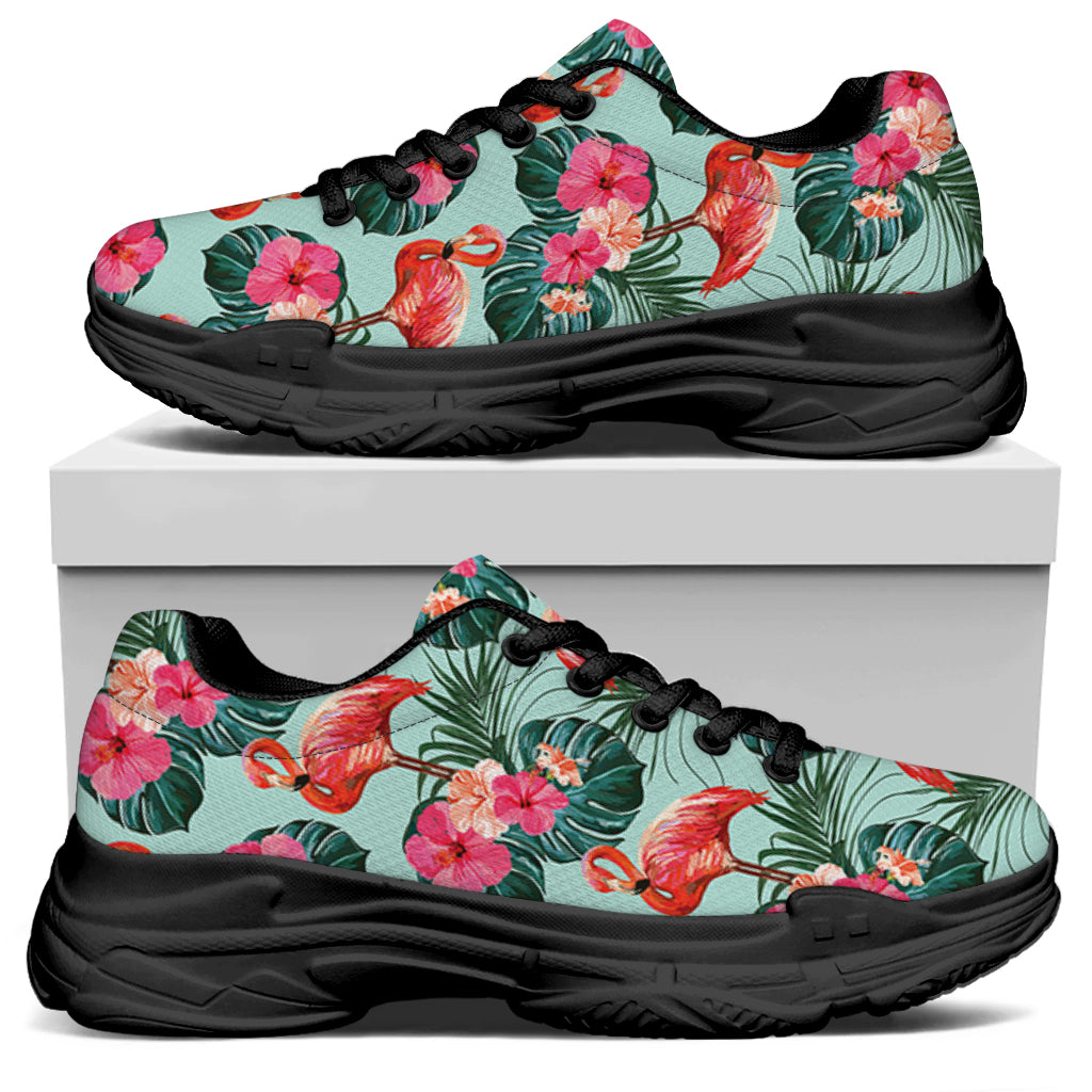 Tropical Floral Flamingo Pattern Print Black Chunky Shoes