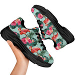 Tropical Floral Flamingo Pattern Print Black Chunky Shoes