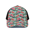 Tropical Floral Flamingo Pattern Print Black Mesh Trucker Hat