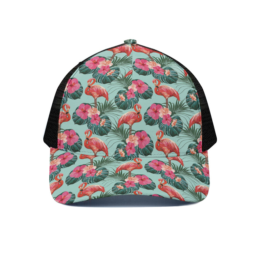 Tropical Floral Flamingo Pattern Print Black Mesh Trucker Cap