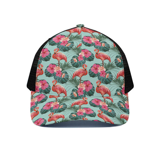 Tropical Floral Flamingo Pattern Print Black Mesh Trucker Cap