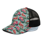 Tropical Floral Flamingo Pattern Print Black Mesh Trucker Cap