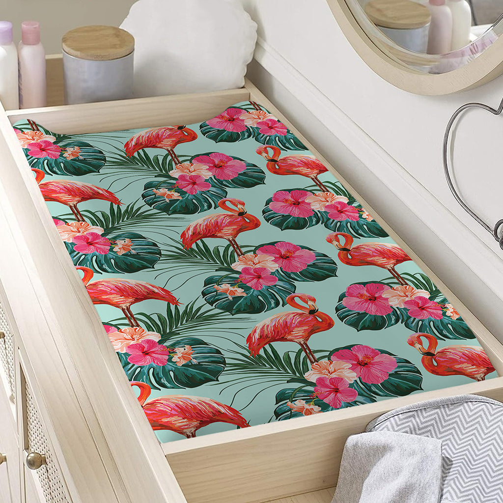 Tropical Floral Flamingo Pattern Print Changing Pad Cover
