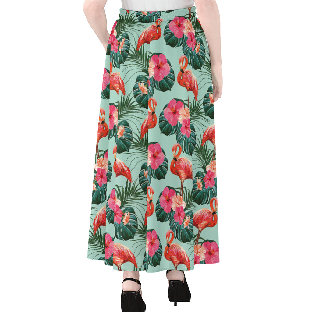 Tropical Floral Flamingo Pattern Print Chiffon Maxi Skirt