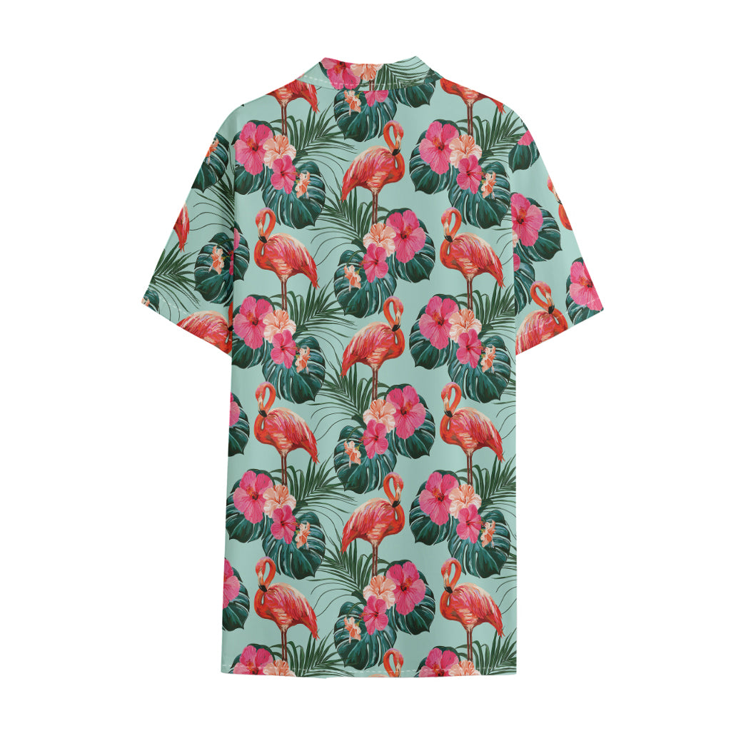 Tropical Floral Flamingo Pattern Print Cotton Hawaiian Shirt