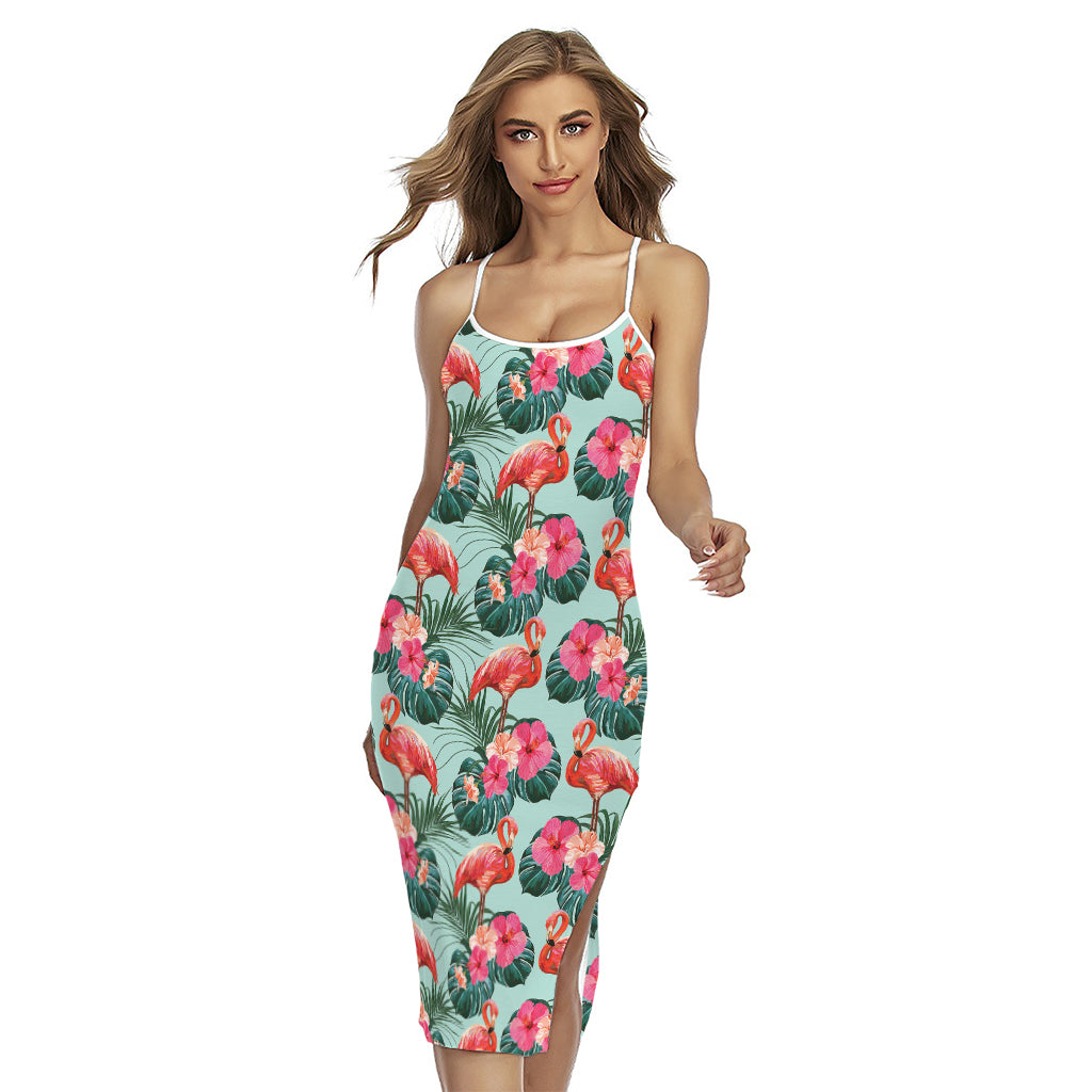 Tropical Floral Flamingo Pattern Print Cross Back Cami Dress