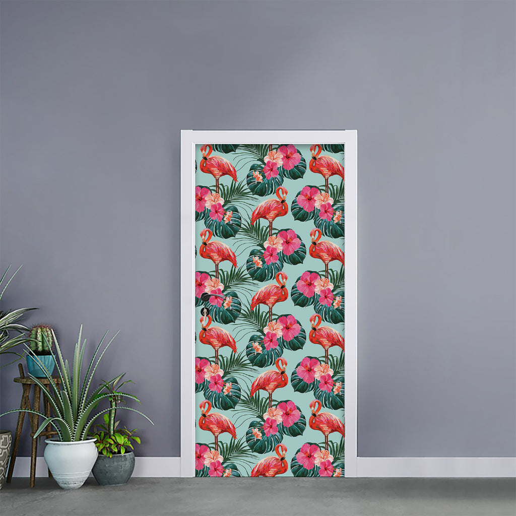 Tropical Floral Flamingo Pattern Print Door Sticker