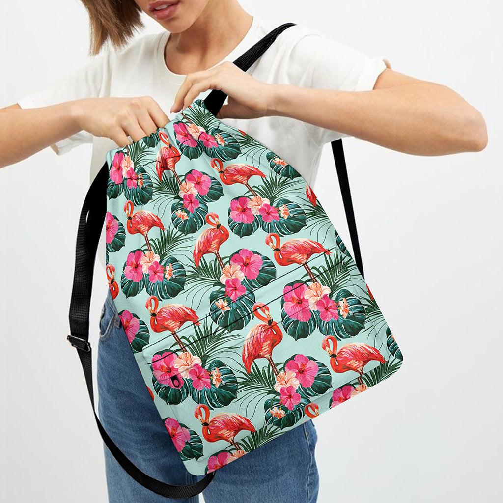 Tropical Floral Flamingo Pattern Print Drawstring Backpack