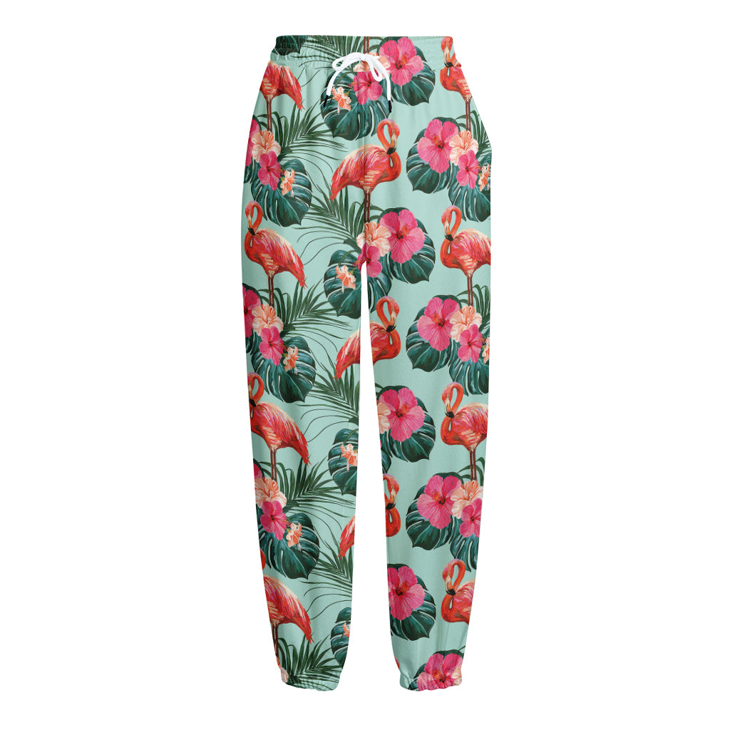 Tropical Floral Flamingo Pattern Print Fleece Lined Knit Pants