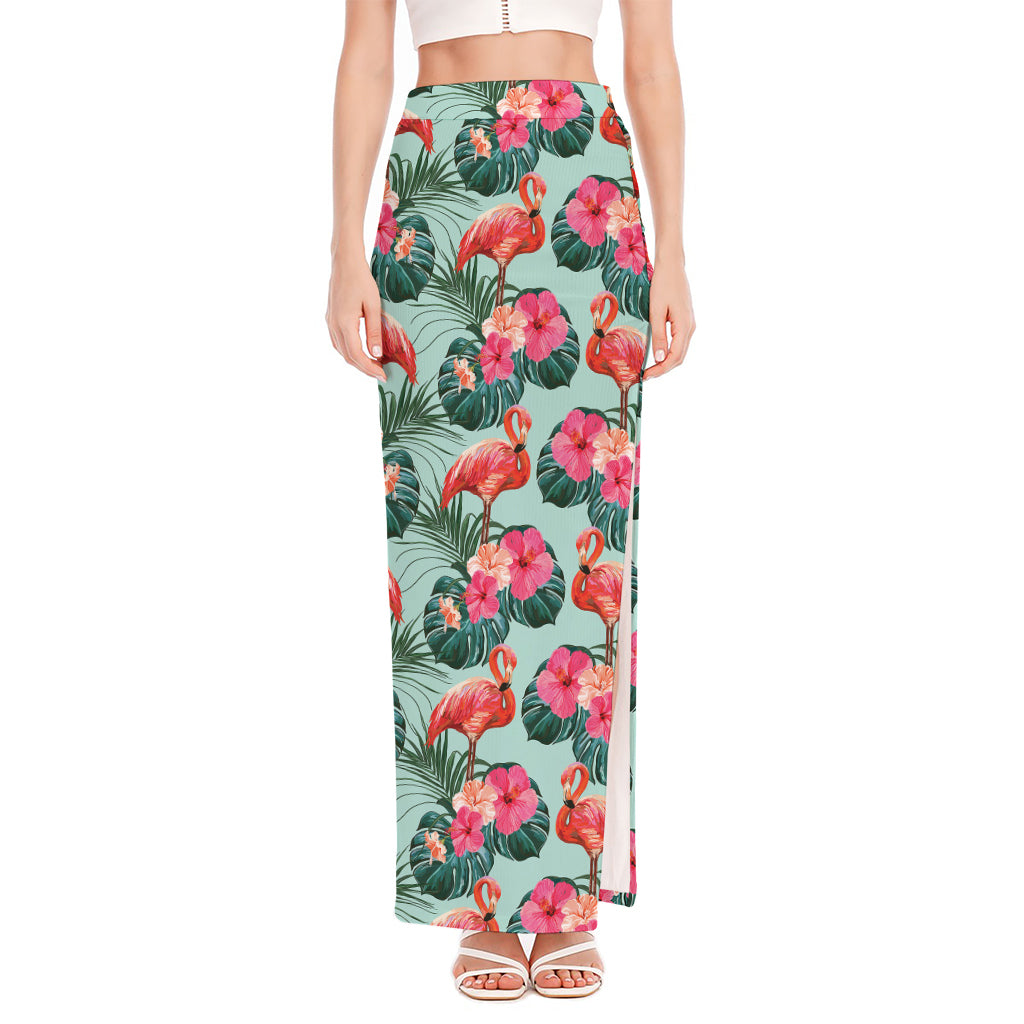 Tropical Floral Flamingo Pattern Print High Slit Maxi Skirt