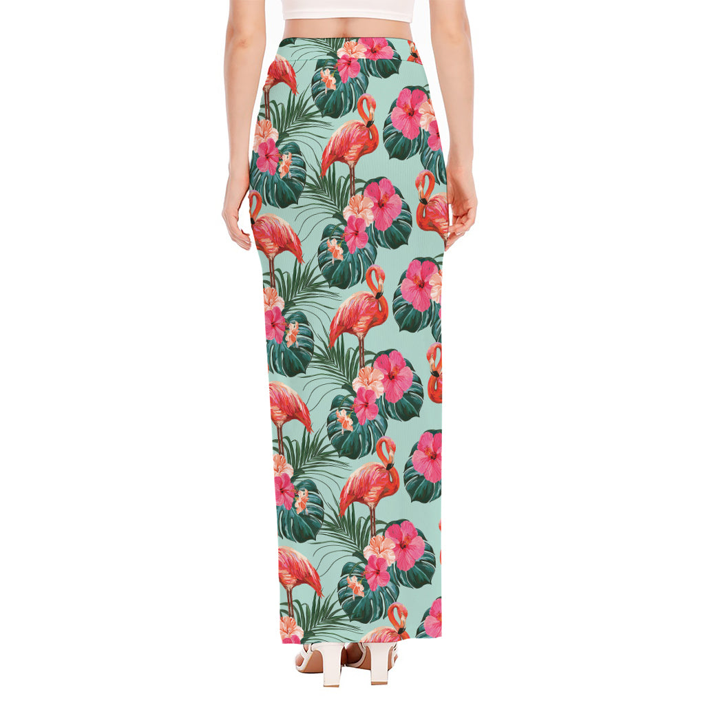 Tropical Floral Flamingo Pattern Print High Slit Maxi Skirt