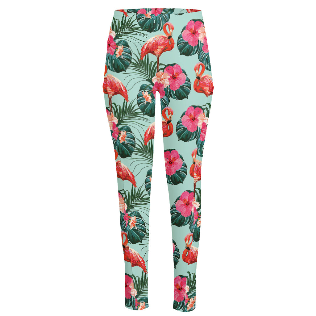 Tropical Floral Flamingo Pattern Print High-Waisted Pocket Leggings