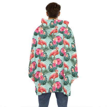 Tropical Floral Flamingo Pattern Print Hoodie Blanket
