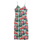 Tropical Floral Flamingo Pattern Print Jersey Midi Cami Dress