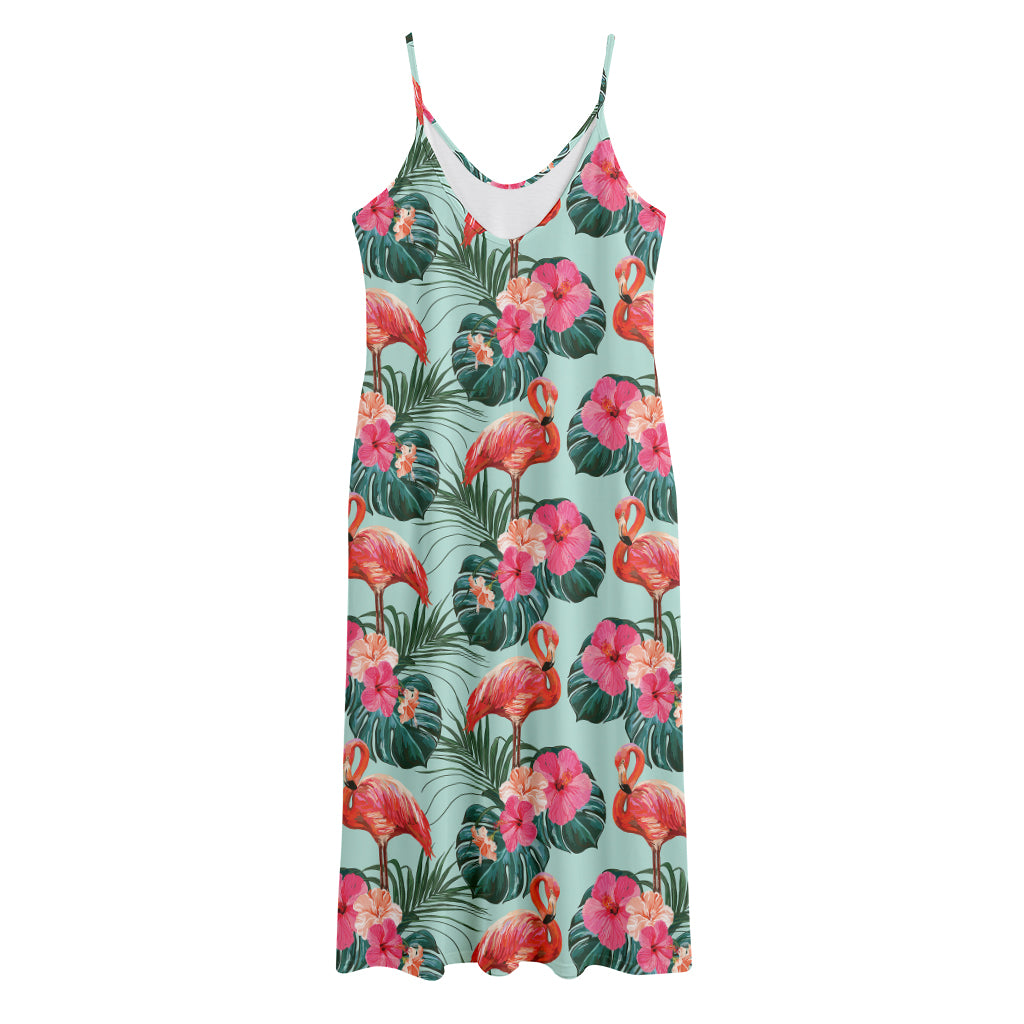 Tropical Floral Flamingo Pattern Print Jersey Midi Cami Dress