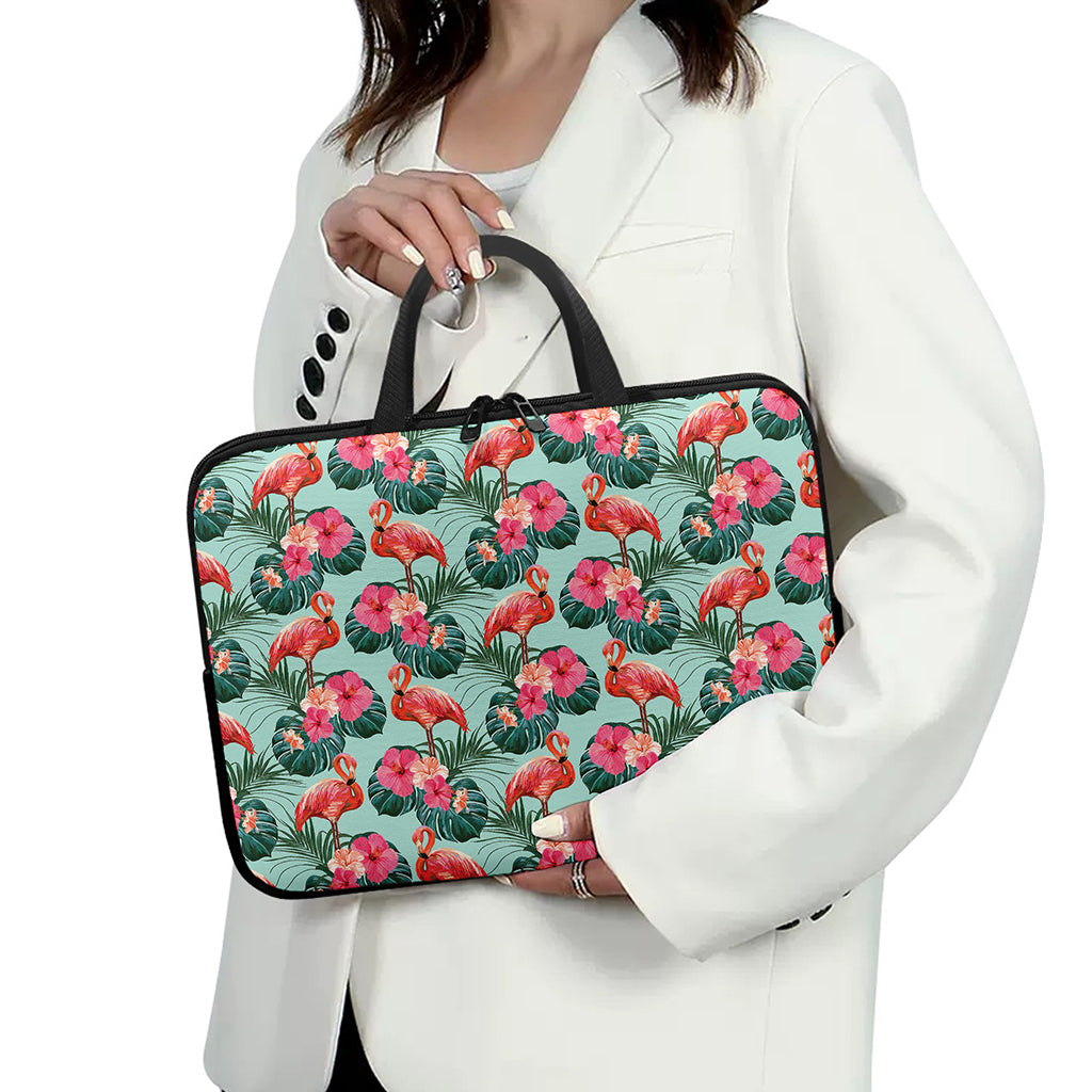 Tropical Floral Flamingo Pattern Print Laptop Sleeve With Handle