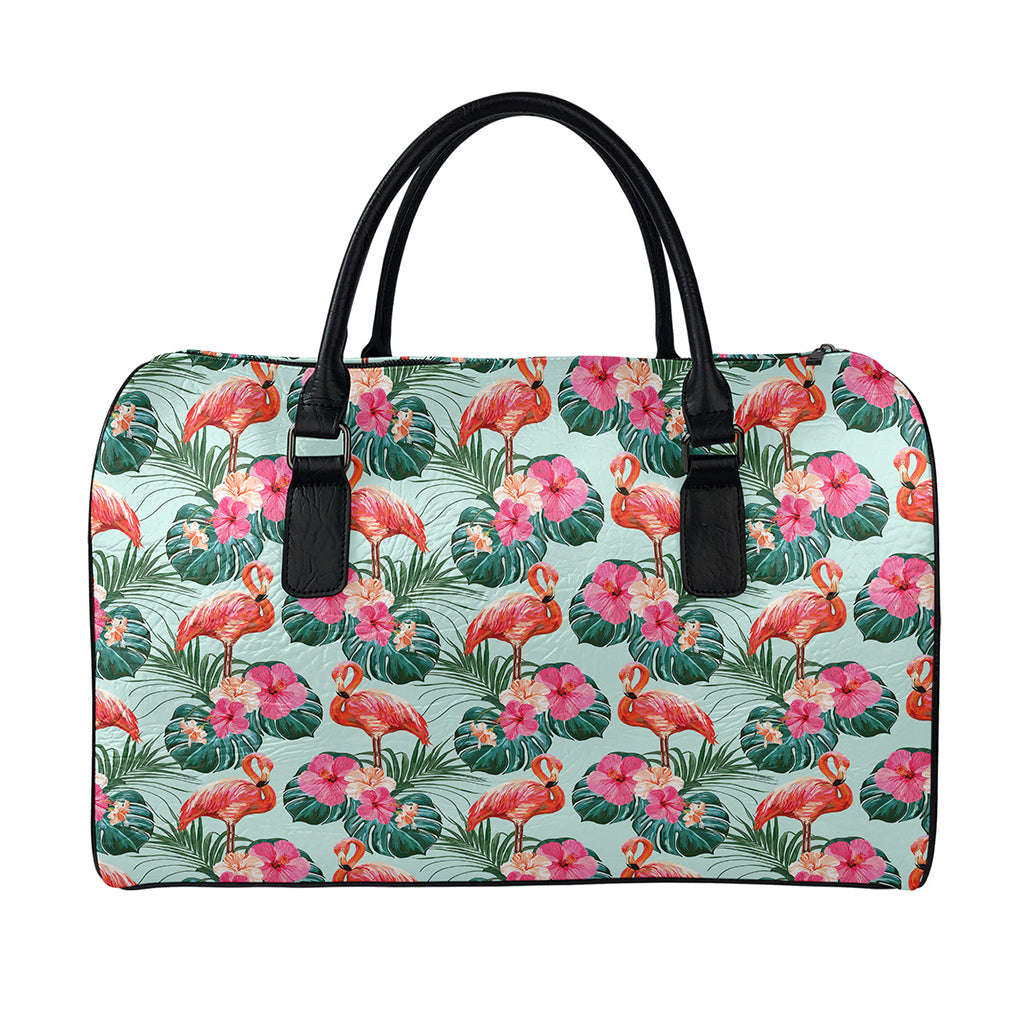 Tropical Floral Flamingo Pattern Print Leather Duffle Bag