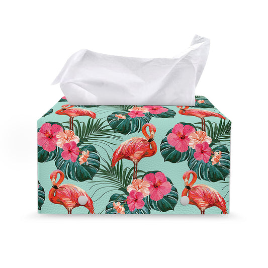Tropical Floral Flamingo Pattern Print Leather Tissue Box Cover
