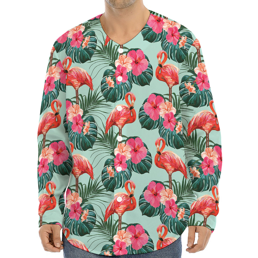 Tropical Floral Flamingo Pattern Print Long Sleeve Baseball Jersey